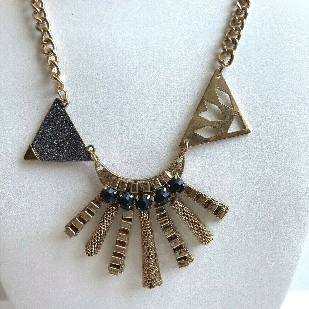 Steve Madden Steampunk Pendant Necklace Gold Tone Black Rhinestone Statement